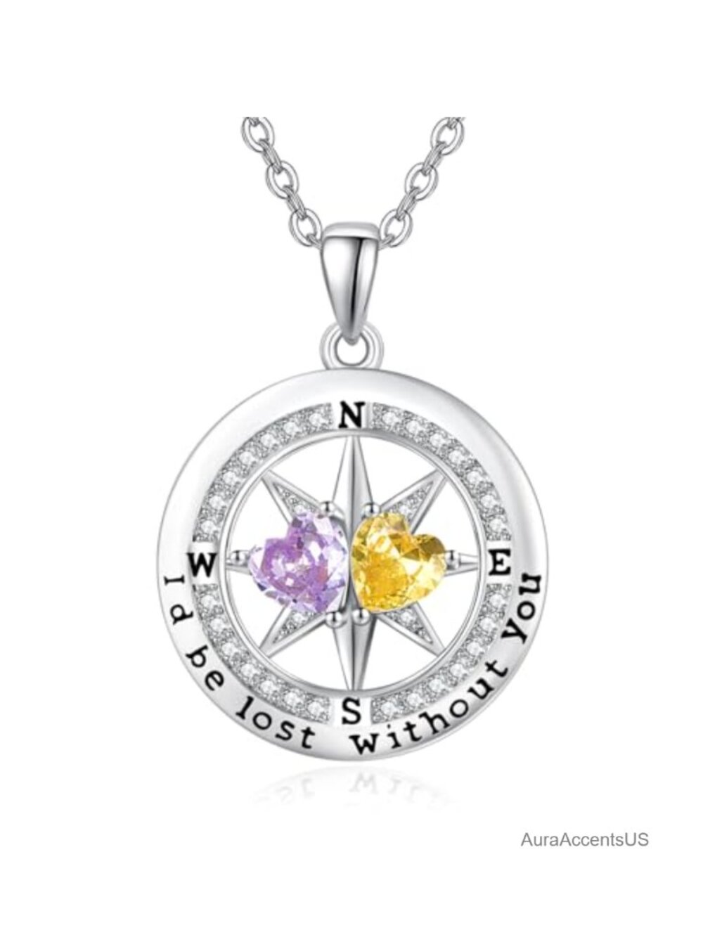 Compass Birthstone Pendant Necklace White Gold Plated Gift for Wife Her